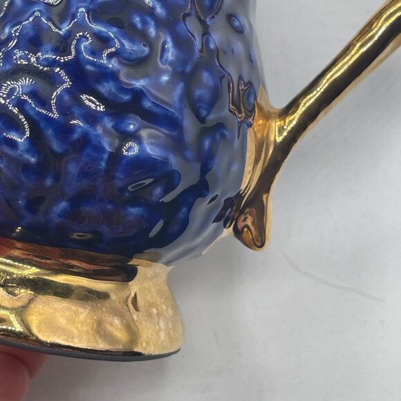 VTG Cobalt Blue Gold Accent Creamer Ripple Wavy Gift Decor 4" - Picture 7 of 9